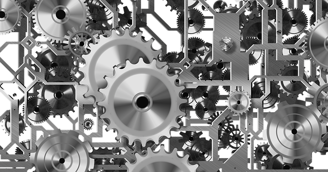 Černobílá ilustrace soustavy ozubených kol a strojního mechanismu symbolizující technické SEO a optimalizaci výkonu webu