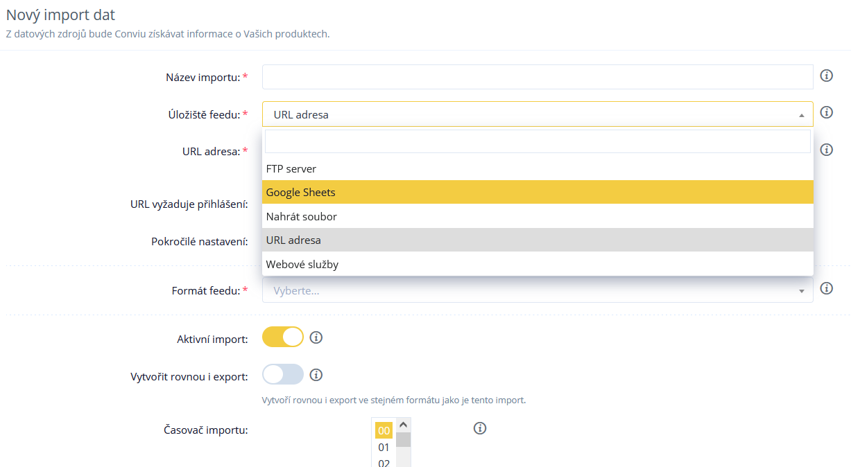 Formulář Nový import dat v Conviu s rozbaleným výběrem úložiště feedu, kde je zvýrazněna možnost Google Sheets.