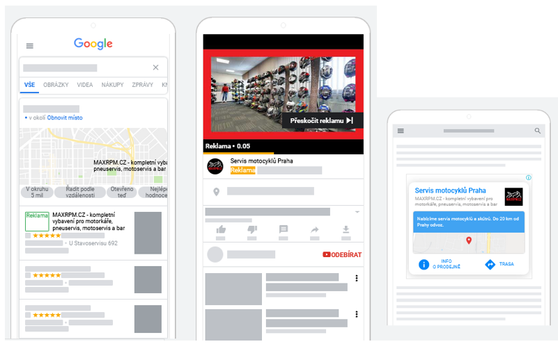 Mobilní náhledy reklamy servisu motocyklů ve vyhledávání Google, ve videu na YouTube a v obsahové síti s odkazem na trasu k prodejně.