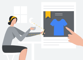 Ilustrace ženy u stolu, která sleduje online reklamu s trikem, znázorňující zacílení reklamy na zákazníka.