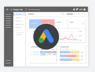 Ilustrace rozhraní Google Ads s grafy a tabulkami a logem Google Ads uprostřed obrazovky.