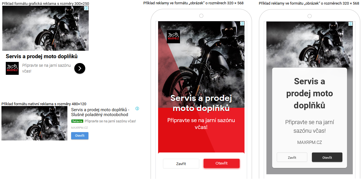 Náhledy responzivní reklamy na servis a prodej moto doplňků v různých formátech a velikostech, mobilní i desktopová varianta.