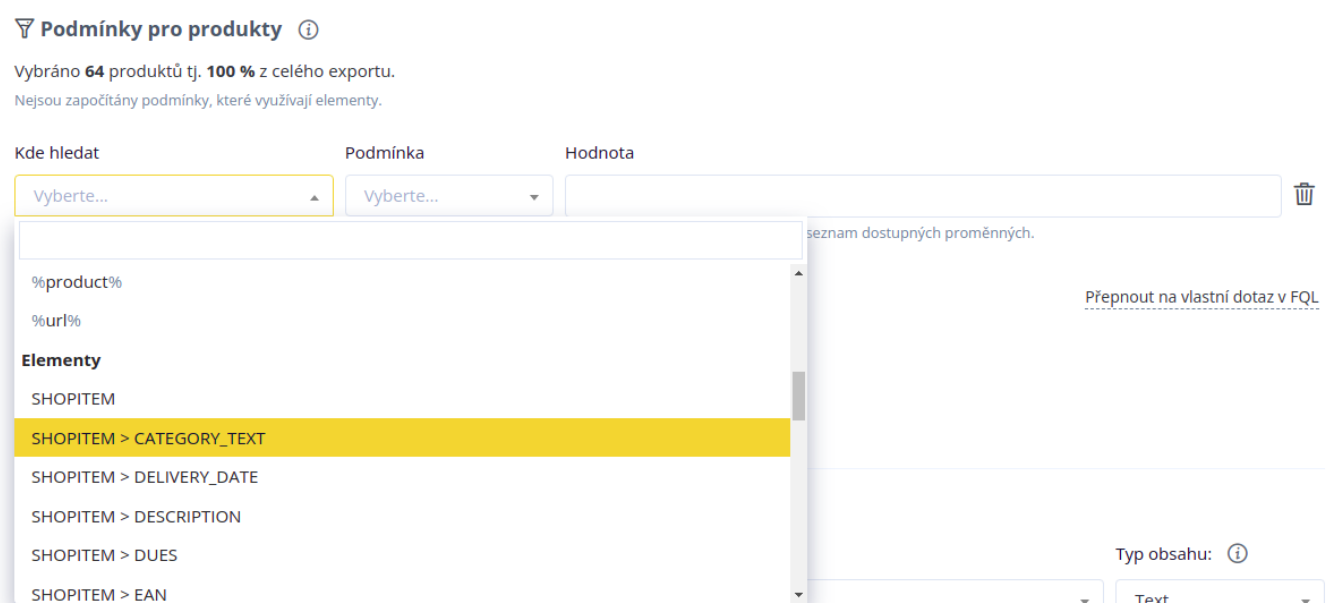Conviu – sekce Podmínky pro produkty s rozbalenou nabídkou proměnných a elementů SHOPITEM jako CATEGORY_TEXT, DESCRIPTION nebo EAN.